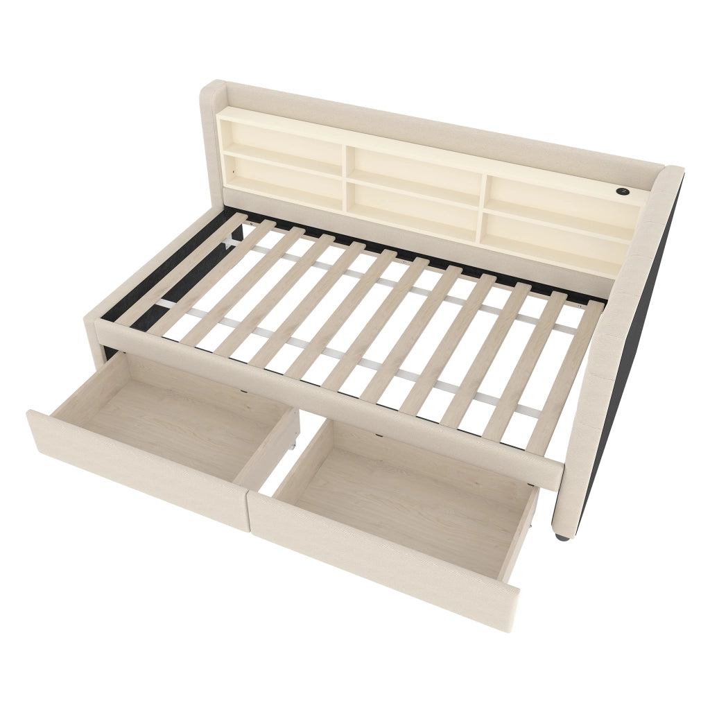DESMIU Letto singolo 90 × 200 cm con 2 cassetti, USB, Type-C e vani, senza materasso, in lino, beige