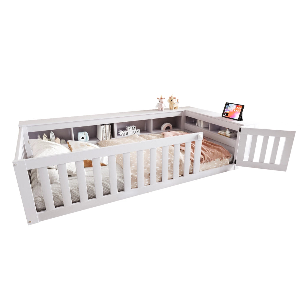 Letto per bambini 90x200 cm con contenitori e sponde di sicurezza; bianco