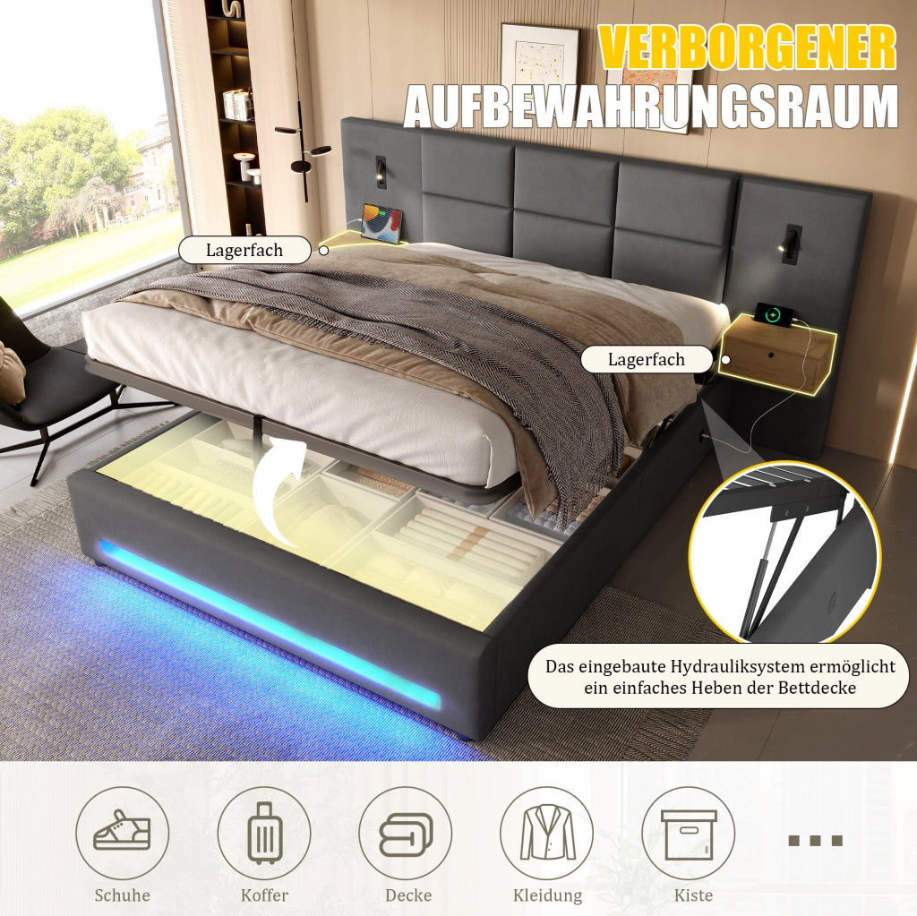 Letto matrimoniale imbottito con contenitore; testiera con vano portaoggetti; USB-C e LED; 180x200 cm; velluto grigio scuro