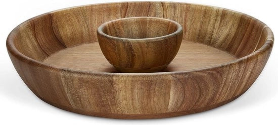 Set da snack con contenitore per dip, 30 cm, tavolo da snack in legno di acacia premium con contenitore per dip, piatto per aperitivo e ciotola per snack in legno, ideale per Buffalo Wings e Cocktail Garnalen, Rond
