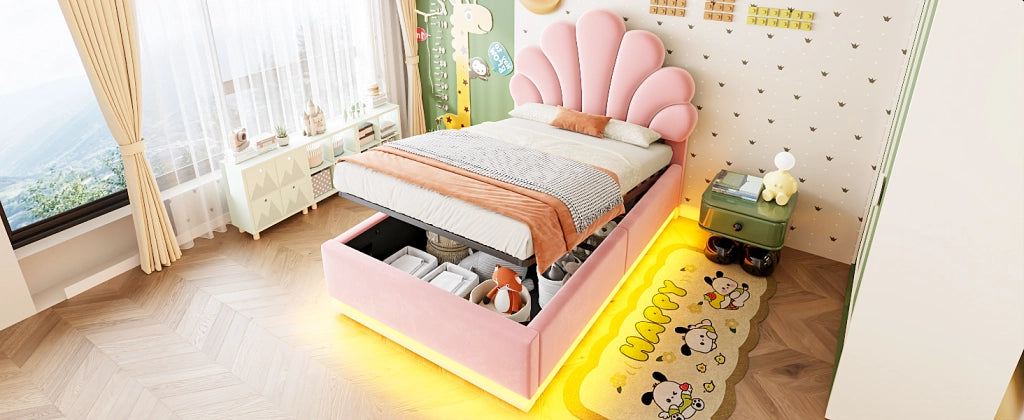 DESMIU Letto singolo 90 × 200 cm con contenitore idraulico, LED e testiera floreale, senza materasso, rosa