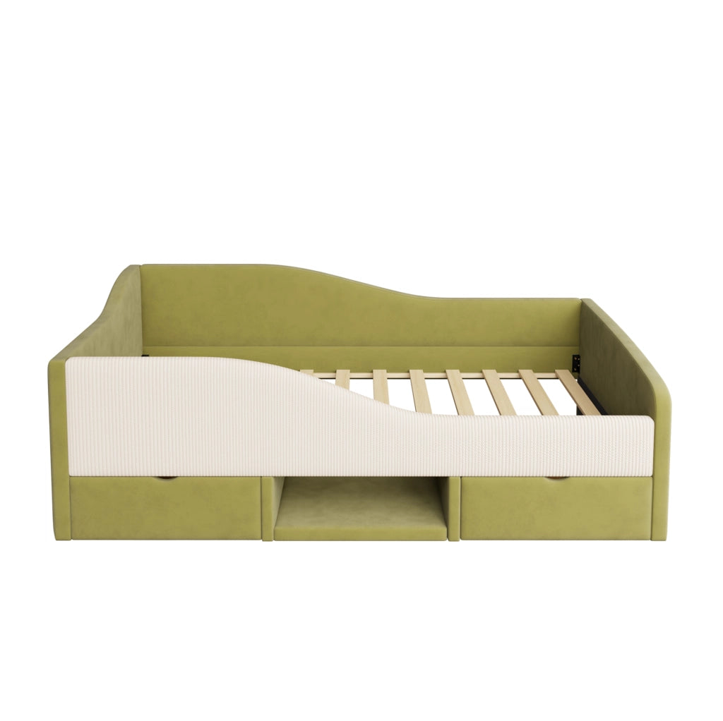 Letto imbottito 90x190 cm con 2 cassetti e sponde in velluto verde e avorio