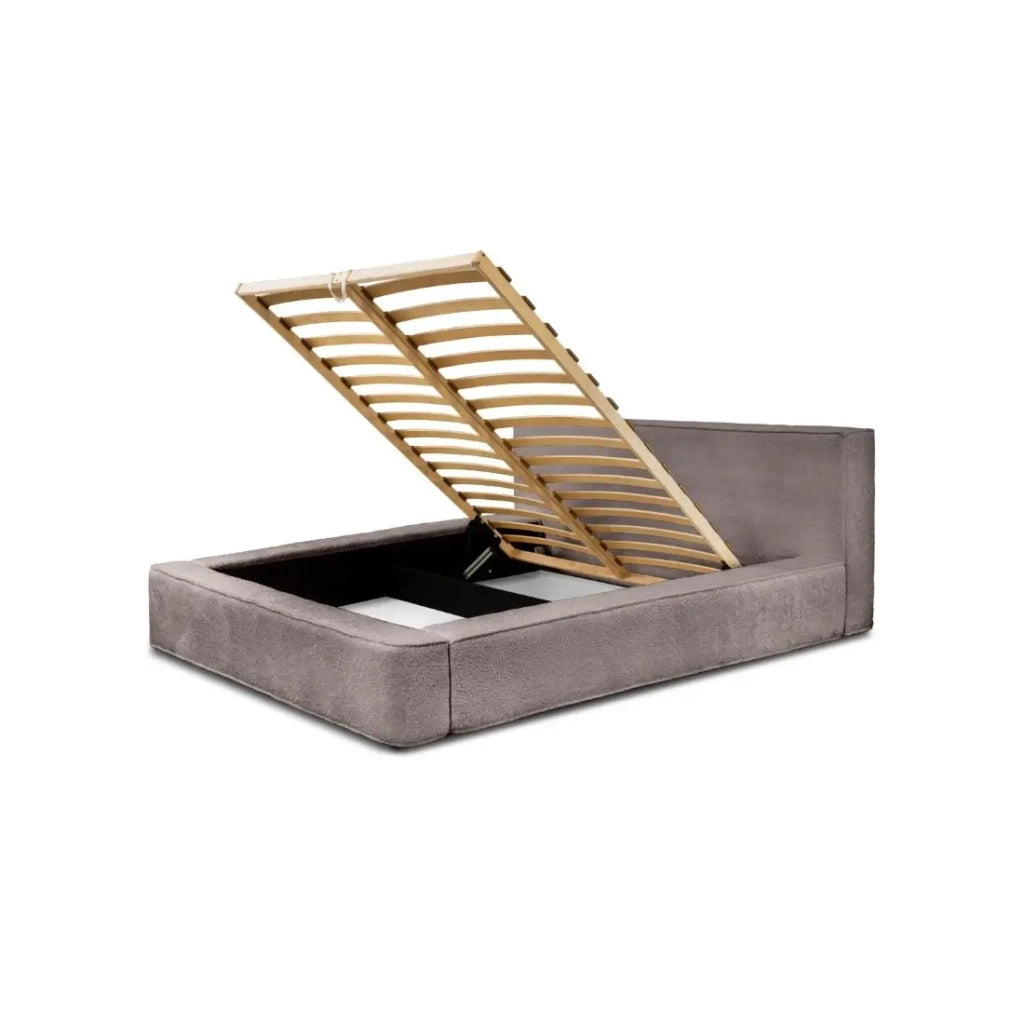 Letto contenitore VELORA – Taupe rosato bouclé – 180x200 cm – Tessuto velluto morbido – Rete sollevabile – Spazio di stoccaggio integrato