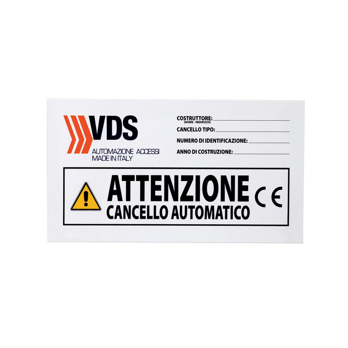 CARTELLO AVVERTENZE VDS 165B AUTOMAZIONE AUTOMATISMI ORIGINALE GARANZIA NUOVO