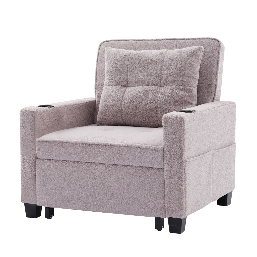 Poltrona letto 3 in 1 con USB; portabicchieri e tasca laterale in legno e metallo grigio
