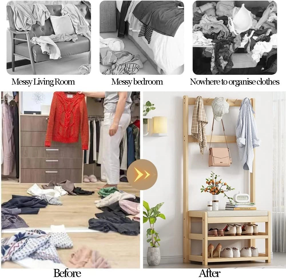 Appendiabiti in Legno, Appendiabiti indipendenti, Appendiabiti con Panca per Scarpe e 5 Ganci, Appendiabiti per Camera da Letto, casa, Ufficio, Interni
