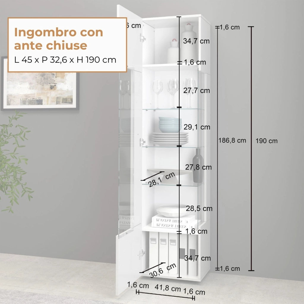 WHOUS Vetrinetta espositiva Egypt con 1 anta e 5 ripiani bianco lucido 45x34x190 cm