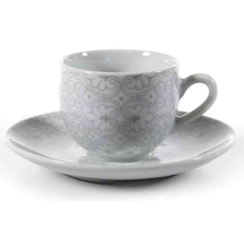 Trade Shop - Set 6pz Tazzine Caffè Piattino Classico Moderno Damasco Grigio Porcellana 720383 -