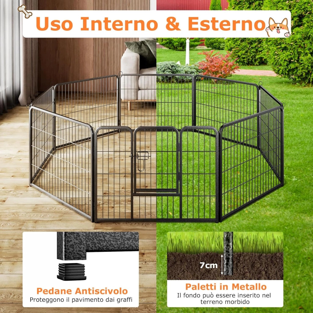 Recinto per Cani Interno ed Esterno, 8 Pannelli Altezza 60/80 CM Recinzione per Piccoli/Medi Animali/Coniglio/Gatto, Cancelletto Portatile Pieghevole con Porta (190 x 60 cm)