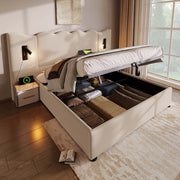 Letto matrimoniale 180x200 beige con luce, USB-C e contenitore