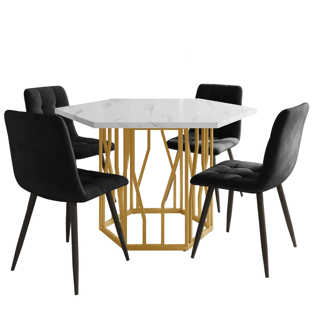 Tavolo da Pranzo Rotondo Effetto Marmo con 4 Sedie Velluto Nero ¨C MINIMAL ¨C Gambe Oro