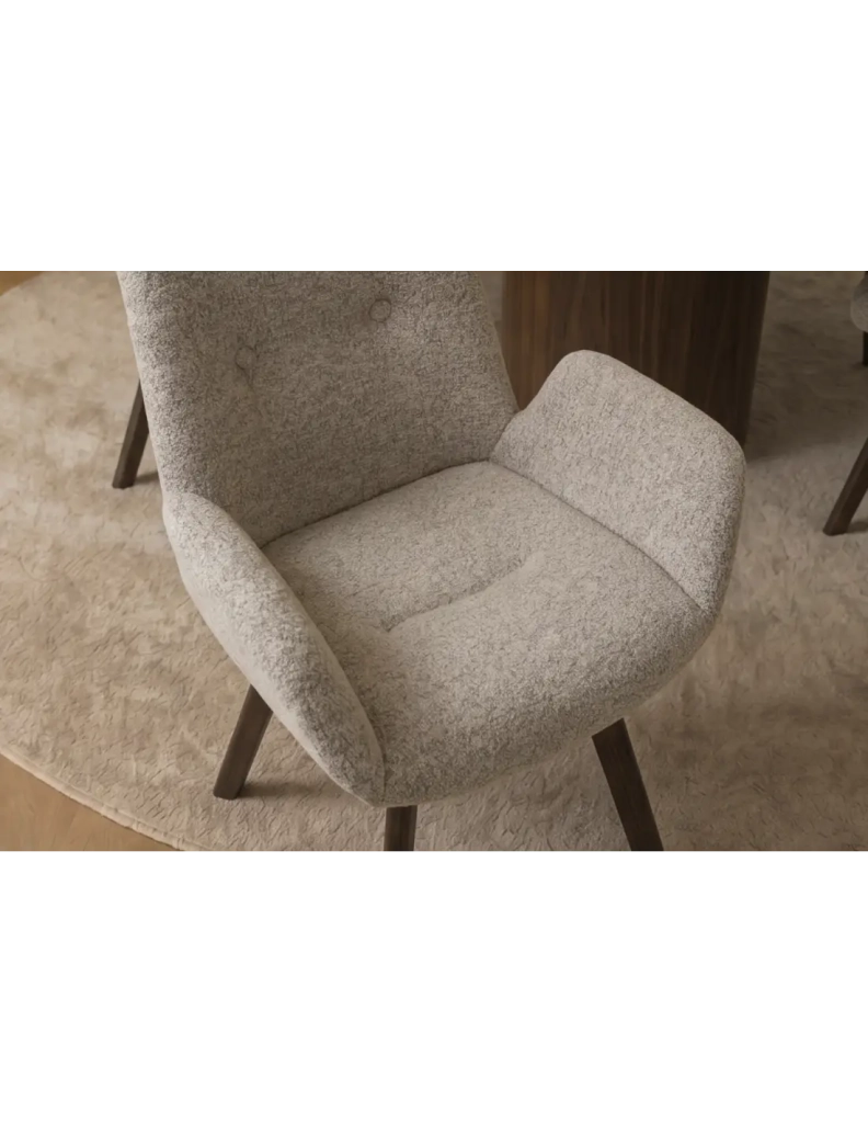 Set di 2 sedie design SORRANO girevoli a 360° in tessuto tweed taupe e piedi in rovere scuro