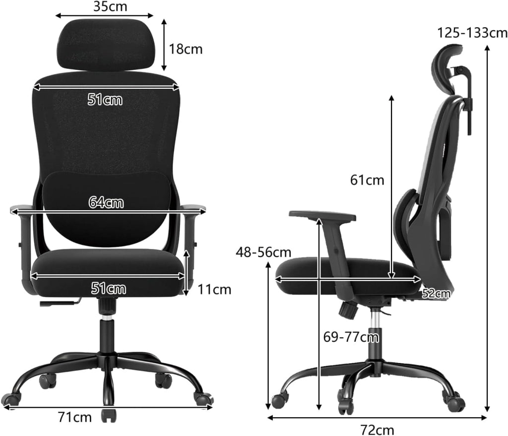 Sedia da ufficio ergonomica, sedia da scrivania girevole con altezza regolabile, supporto lombare, braccioli e schienale inclinabile, 5 ruote, carico fino a 136 kg, per camera da letto, studio