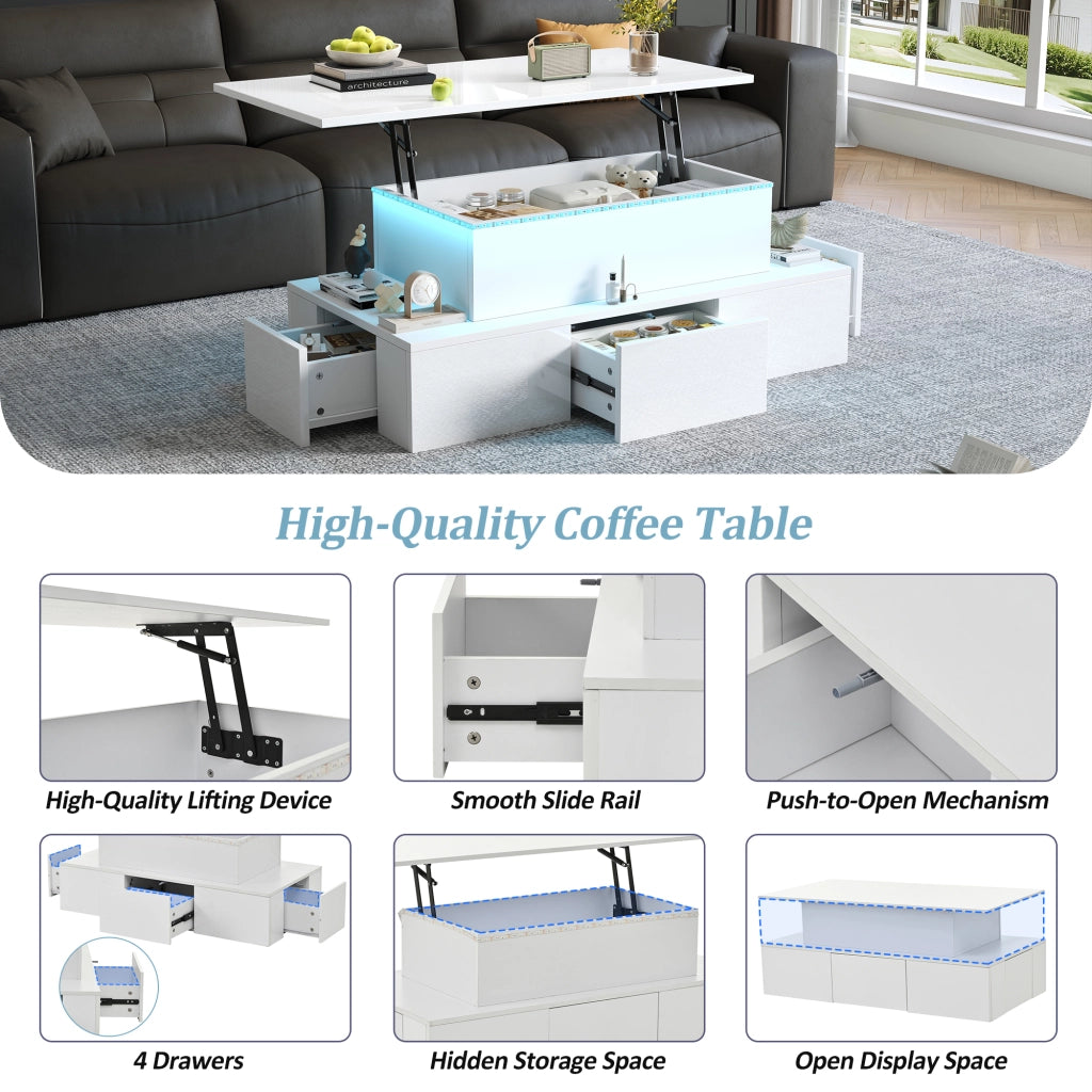 Tavolino da caffè alzabile con 4 cassetti; LED e vano nascosto - per soggiorno - 100 x 50 x 40 cm - in MDF - bianco