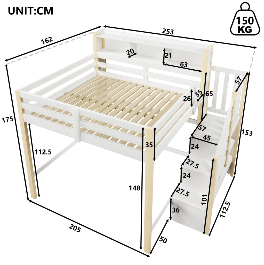 Letto a soppalco ULEVR 140x200 cm con LED, scala contenitore e vano aperto, bianco e naturale