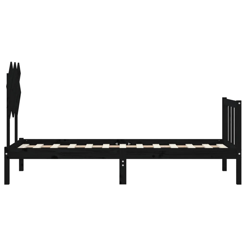 Letto singolo | Letto per adulti | Giroletto con Testiera Nero Small Single in Legno Massello