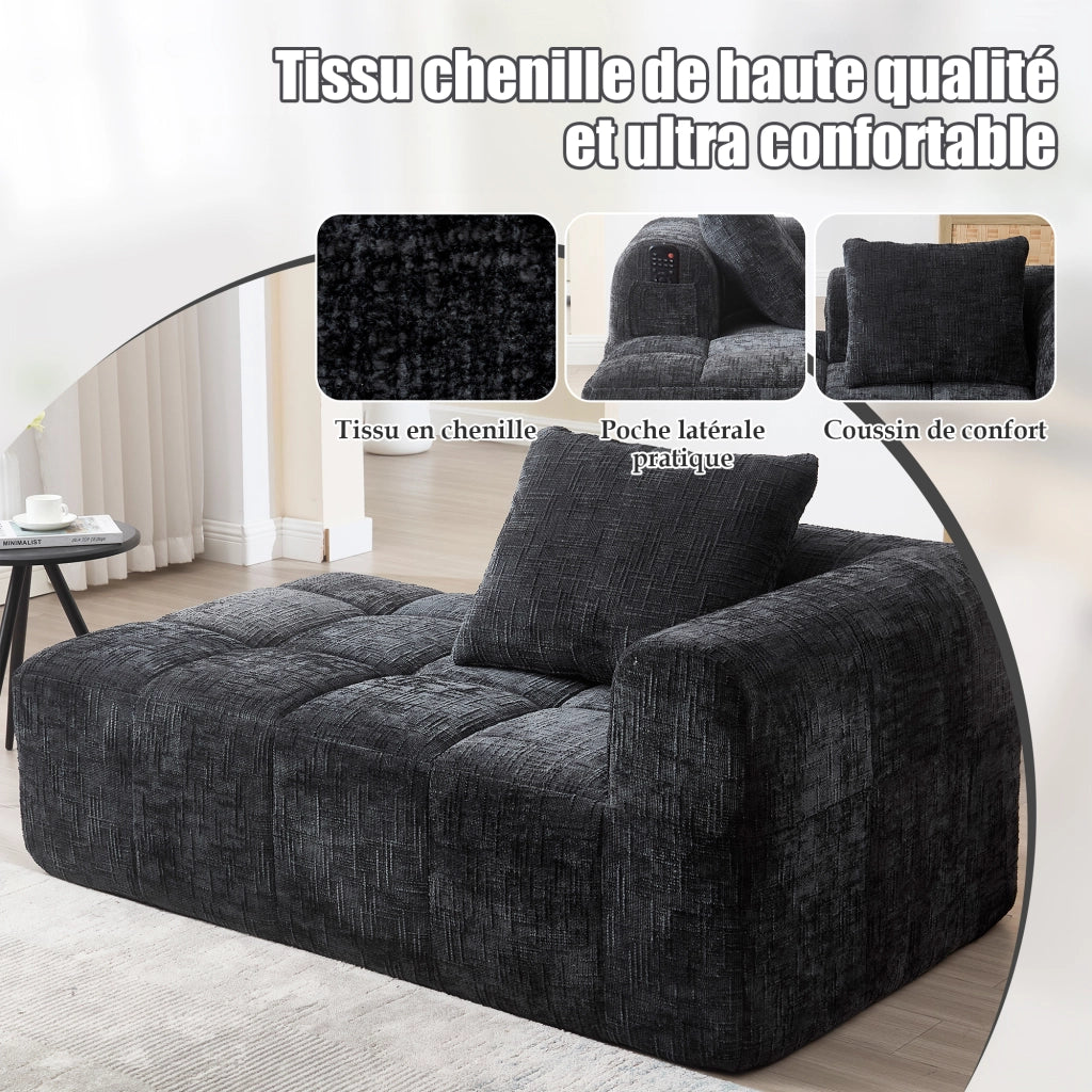 OKWISH Dormeuse con Seduta Imbottita, Tasche Laterali e Cuscino, Comfort Avvolgente per Relax, Ciniglia, Nero