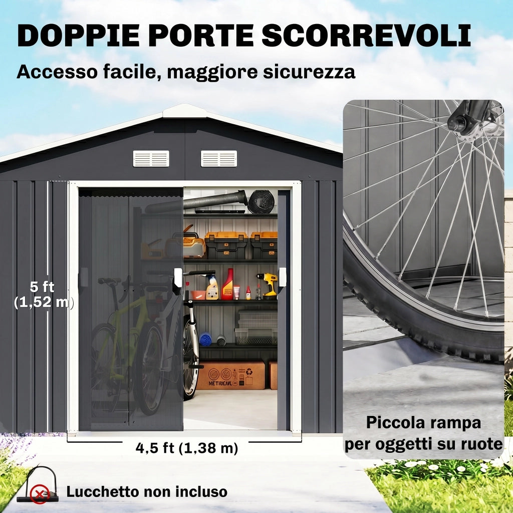 Casetta da Giardino 12.4m2 in Acciaio Zincato con kit Fondazione, Prese d'Aria, Capanno da Giardino con Tetto Inclinato, Grigio