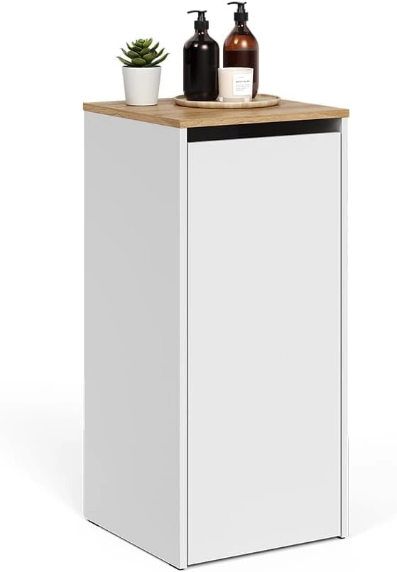 armadietto da bagno con portabiancheria Viktor, Bianco/Artisan, 40.2 x 88.2 cm con cesto portabiancheria, con cesto della biancheria integrato per una conservazione discreta
