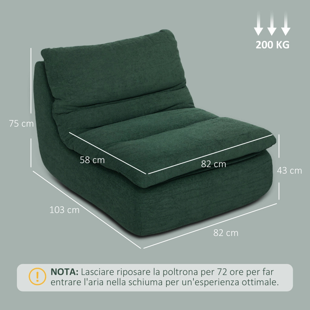 Sedia da Terra Moderna e Imbottita in Tessuto Effetto Velluto Verde e Schiuma, 82x103x75 cm