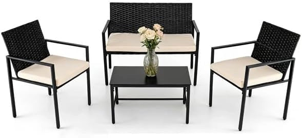 Set di Mobili da Giardino in Rattan per 4 Persone, Composto da 2 Poltrone e Tavolo in Vetro Temperato, Mobili Multiuso per Balcone, Terrazza e Veranda