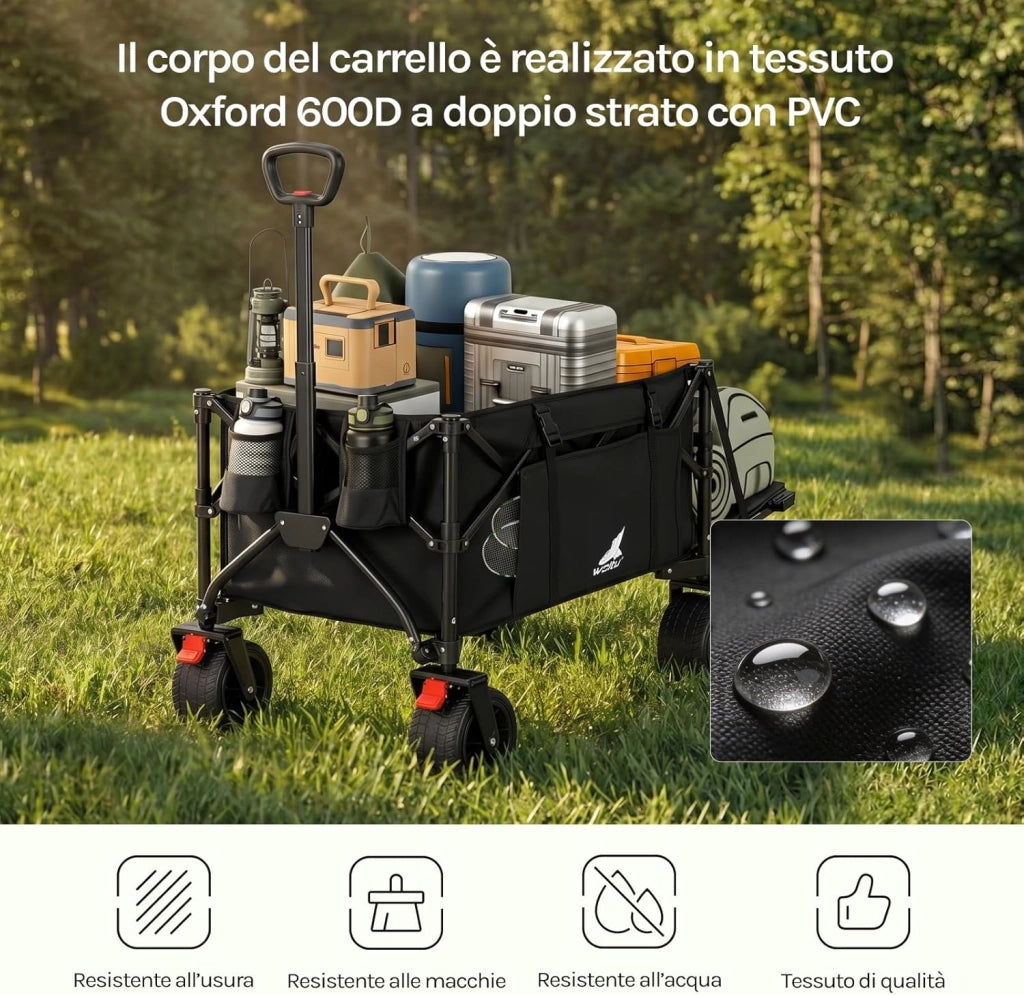 Carrello da Giardino con Ripiano Posteriore Ribaltabile, 205 L, Portata 180 kg, Carrello Pieghevole con 4 Ruote Grandi, Borsa Laterale, 2 Tasche Interne e 2 Portabicchieri, per Campeggio, Nero