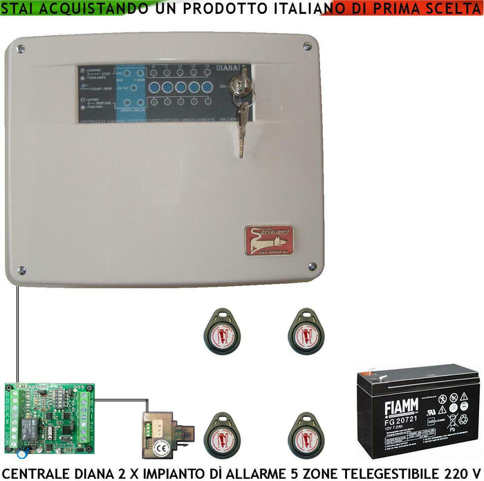 DIANA 5 ZONE CENTRALE ALLARME BATTERIA 12 V 7,2 AH SECURVERA SH-D2FCULT4TB