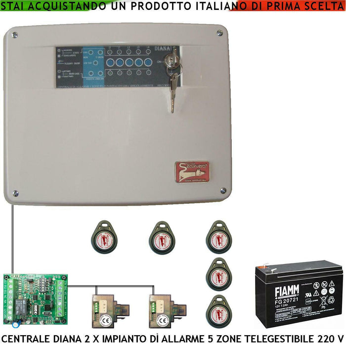 CENTRALE ALLARME DIANA 5 ZONE BATTERIA 12 V 7,2 AH SECURVERA SH-D2FCDLT5TE