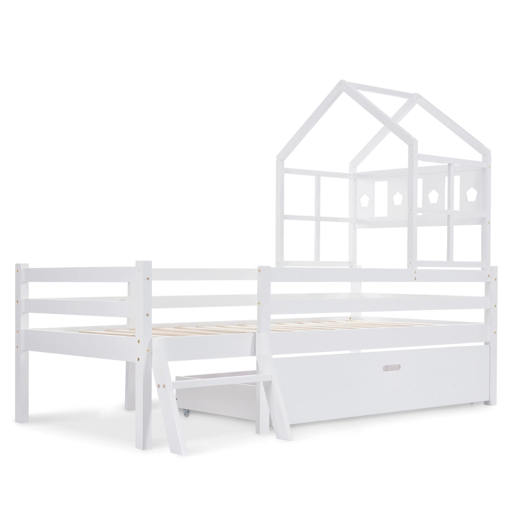 Letto a castello bianco con scala e cassetti in legno massello di pino 90x200 cm