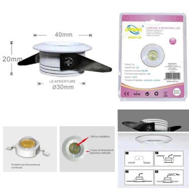 MINI FARETTO LED 1W SOFFITTO TONDO INCASSO MOLLA 4CM LED BIANCO CALDO 3000K