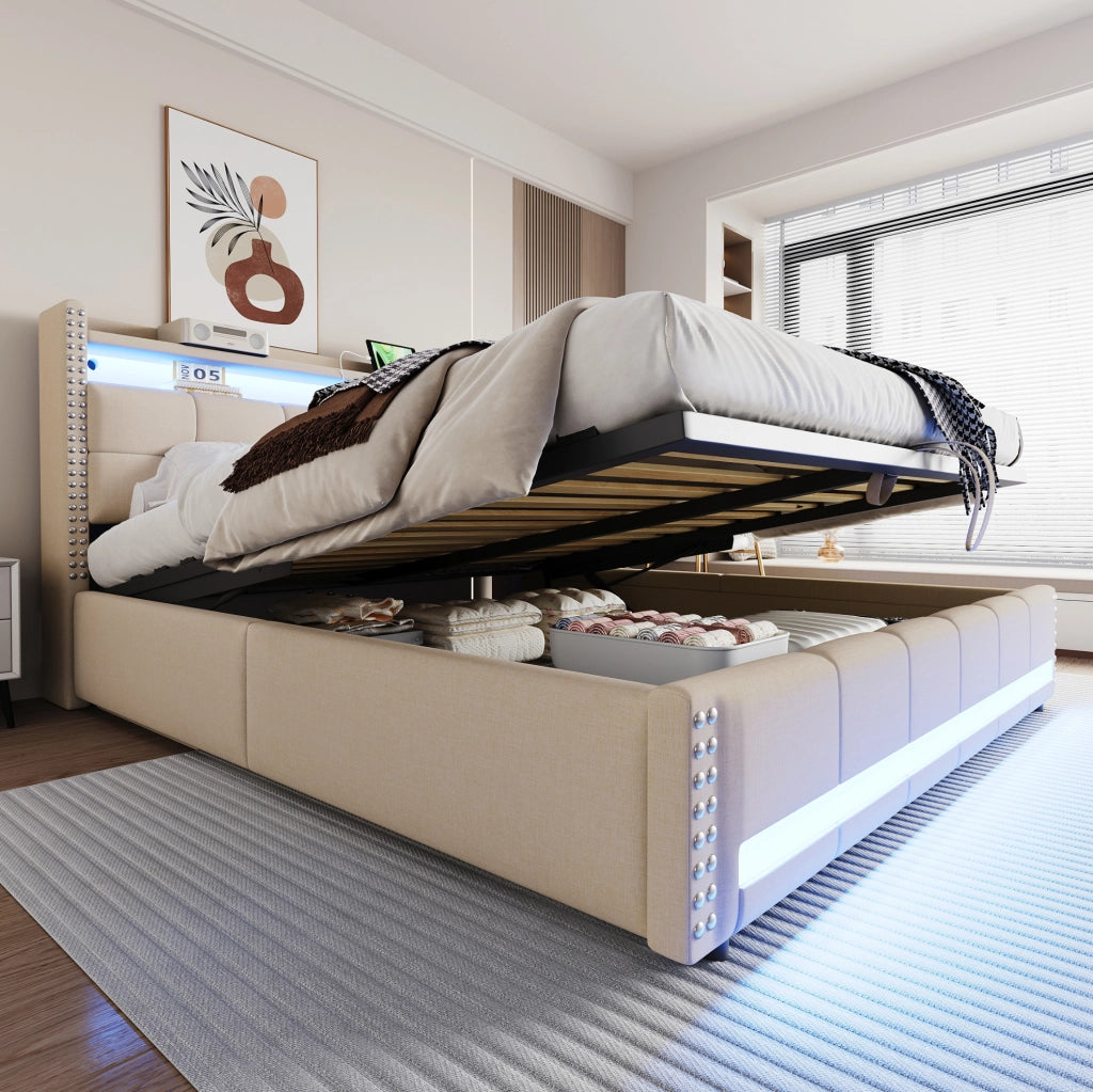 Letto imbottito 180x200 cm con LED, presa USB e contenitore idraulico in lino beige