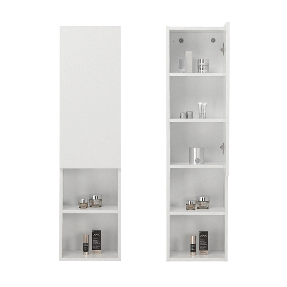 Colonna bagno sospesa bianca 30x115 cm con quattro mensole e anta soft-close Nuvola