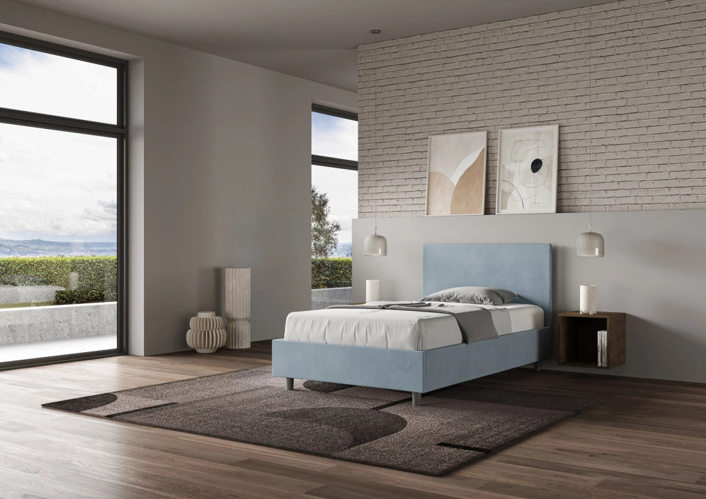 BS COM Letto una piazza e mezza con rete imbottito 120x200 microfibra azzurro