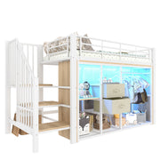 LETTO a soppalco 90x200 cm con 2 cassetti, guardaroba aperto, LED multicolore, bianco