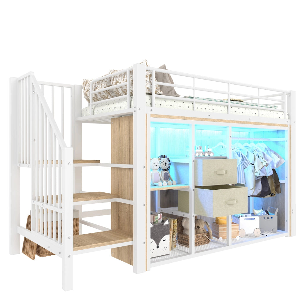 LETTO a soppalco 90x200 cm con 2 cassetti, guardaroba aperto, LED multicolore, bianco