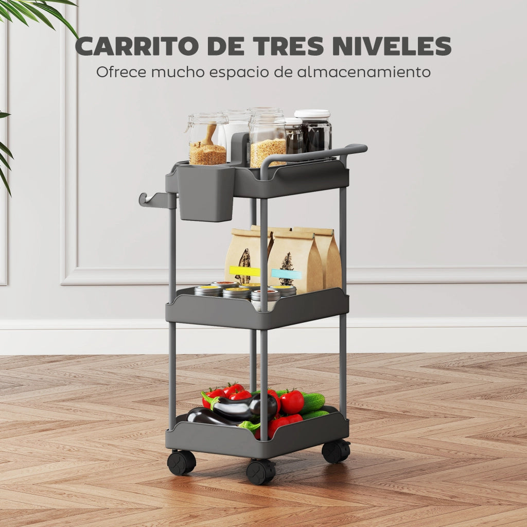 Carrello da Cucina a 3 Livelli con Cestini ¨C zephmum ¨C Grigio
