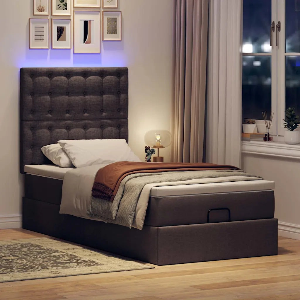 vidaXL Pouf Letto con Materasso e LED Marrone Scuro 90x200 cm Tessuto