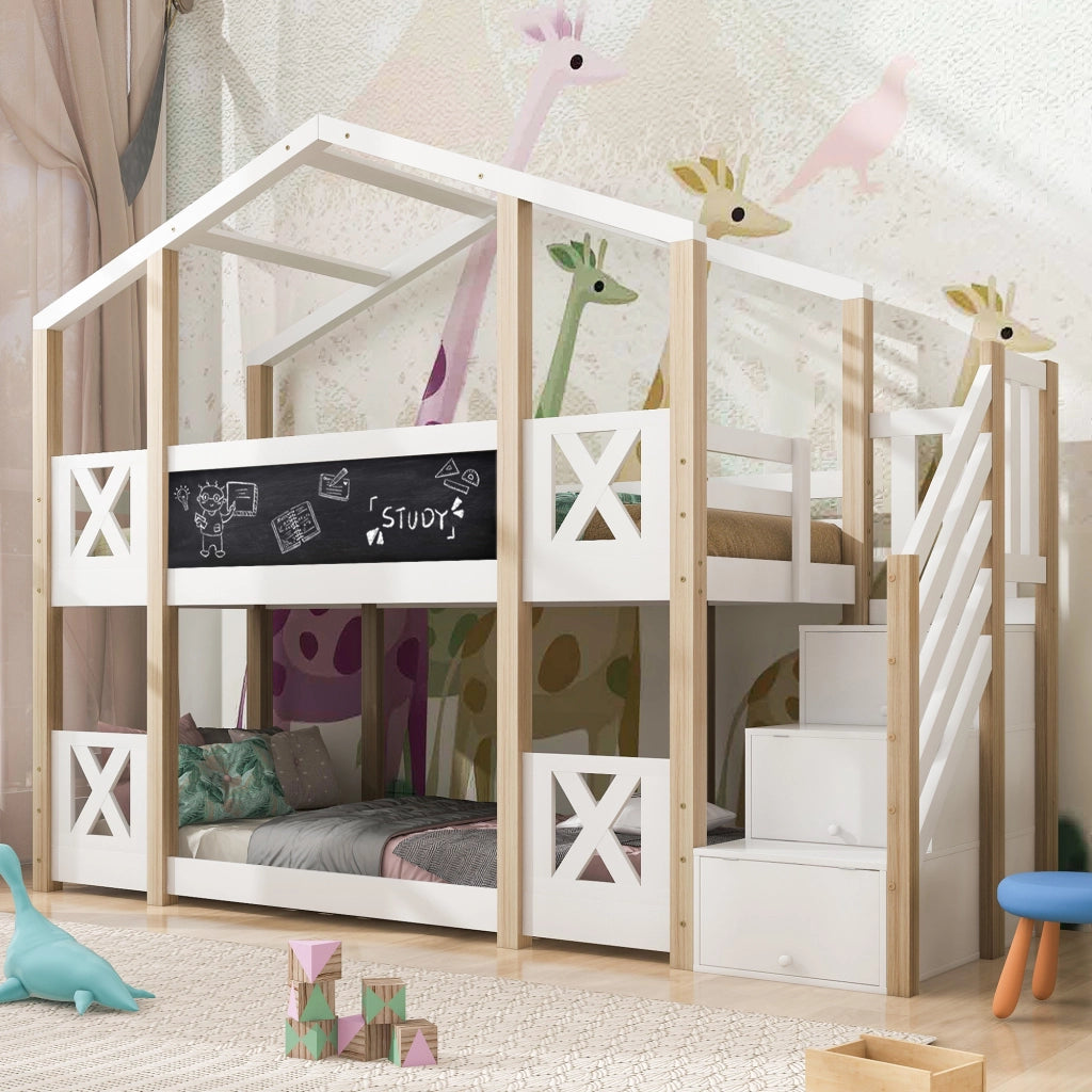 Letto a castello per bambini 90x200 cm con scala contenitore, design casetta, bianco/naturale