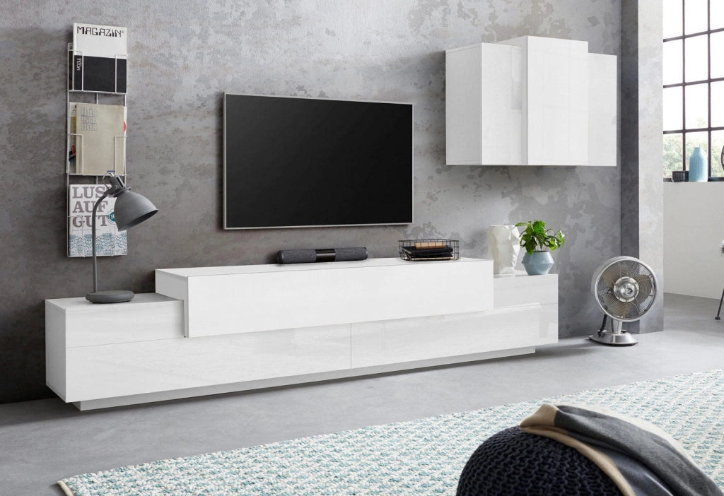 Parete Attrezzata Mobile TV e Pensile 240x45x51,5 cm Coro Bianco Lucido/Bianco