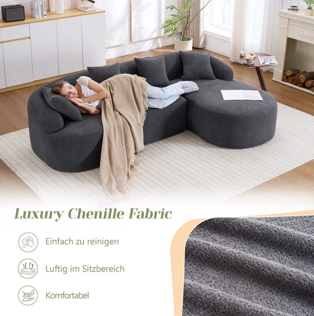 Divano curvo 3 posti in chenille; 243x150x67 cm; grigio scuro