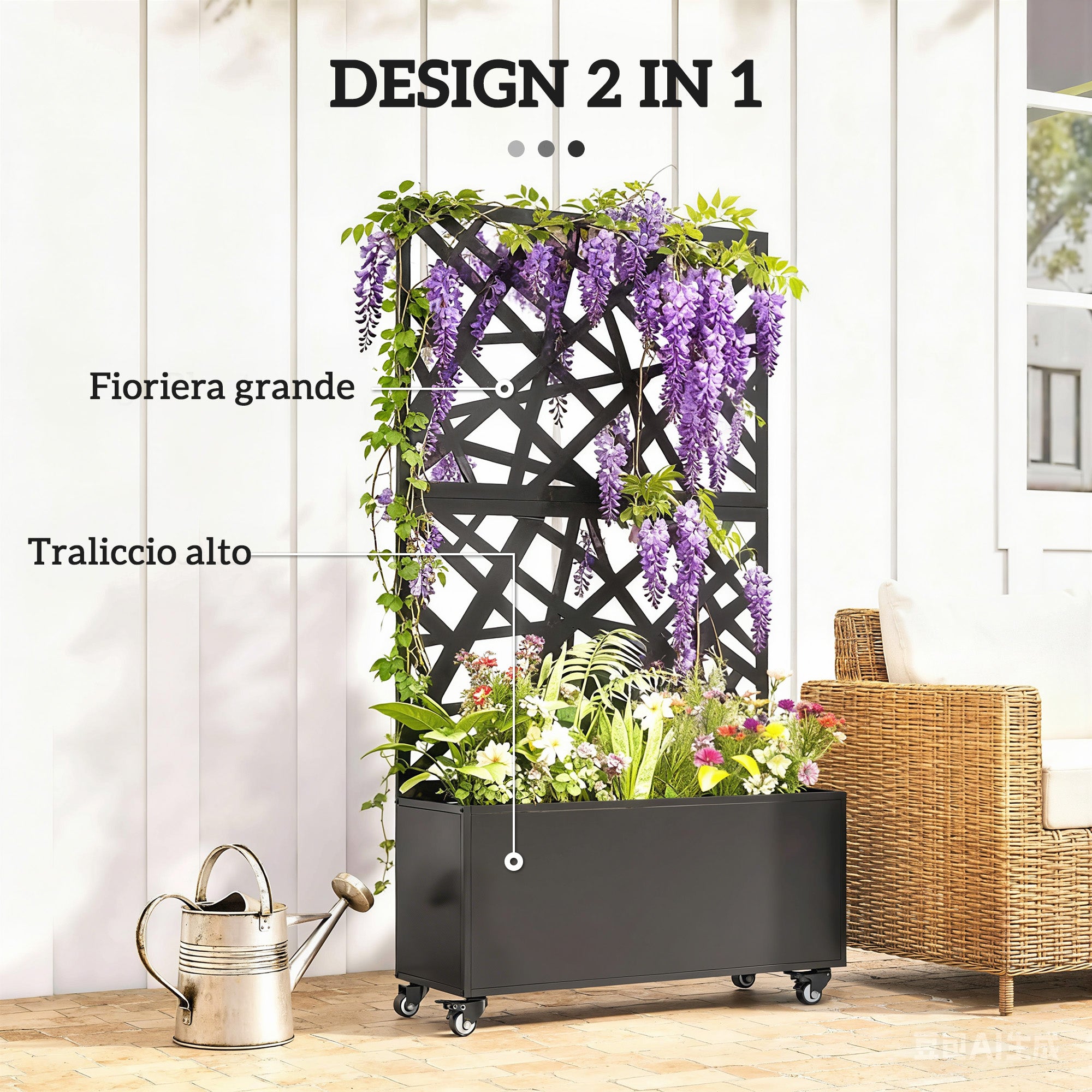 Fioriera con Grigliato per Rampicanti 90x30x160 cm a Rotelle Fori di Drenaggio in Metallo Nero