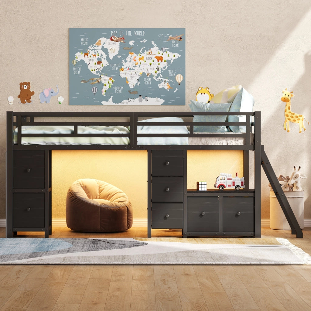 Letto a mezza altezza 90x200 cm salvaspazio con 7 cassetti in tessuto; mensole; area gioco e LED 7 colori; nero