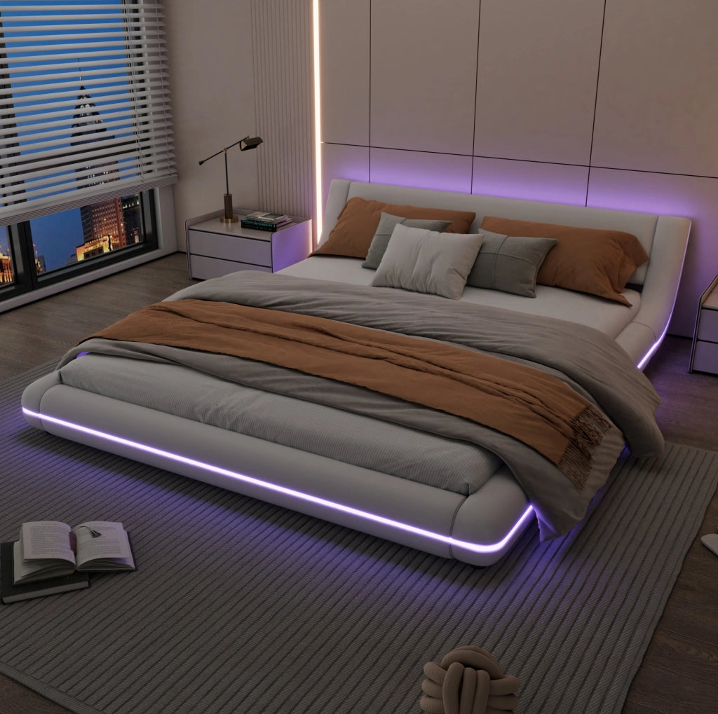Letto a pavimento 160x200 cm bianco in PU con luci LED regolabili
