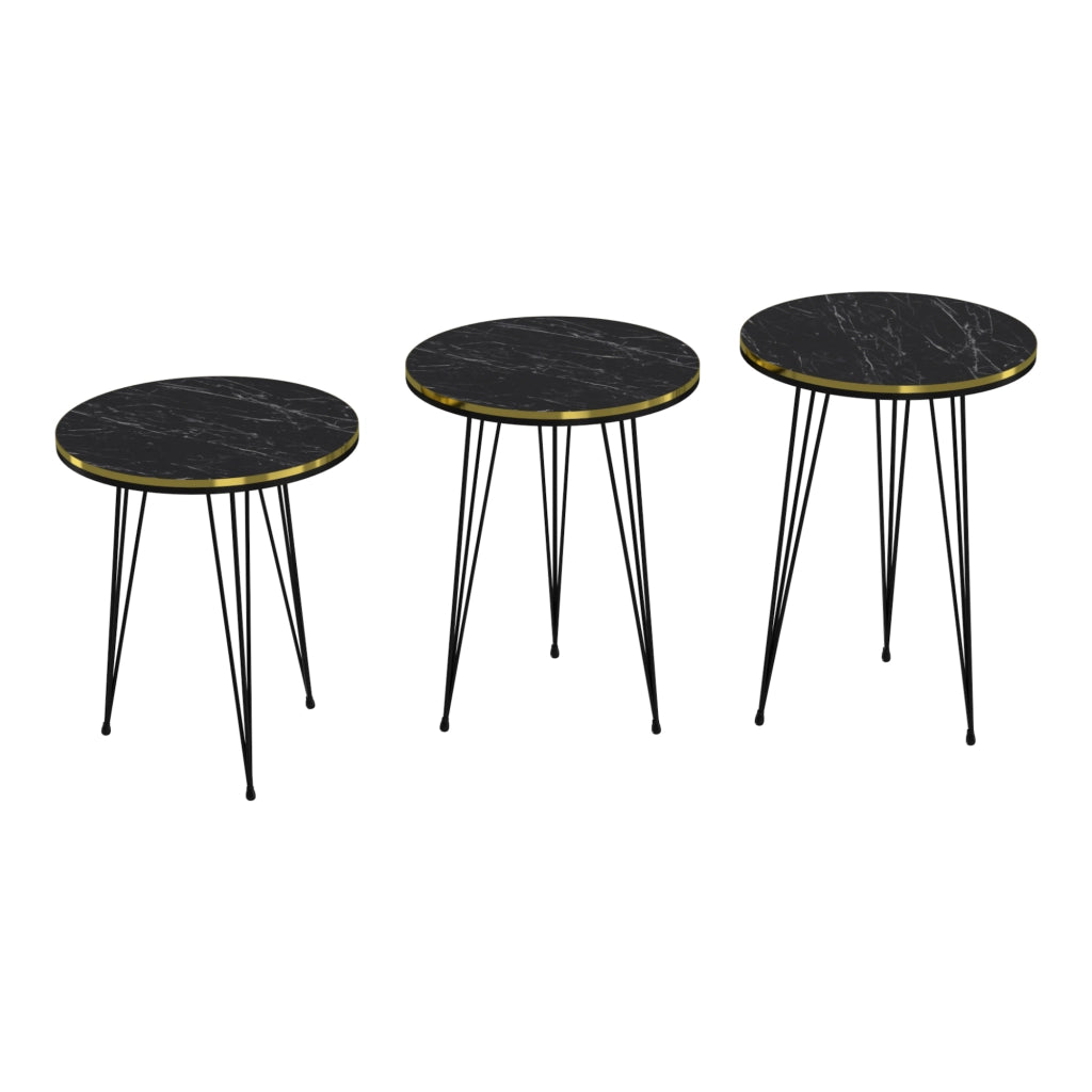 Set 'Ryslinge' di 3 Tavolini da Salotto Tavolini Bassi a Treppiede in Altezze Diverse Gambe a Forcina e Piani Rotondi Ø 36 cm - Marmo Nero / Oro [en.casa]