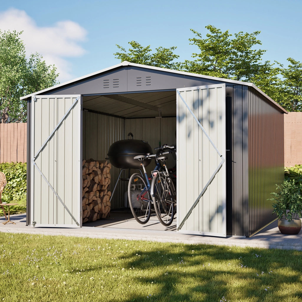 Casetta da giardino con porte chiudibili e telaio di base per esterno in metallo grigio 300×311.4×200 cm