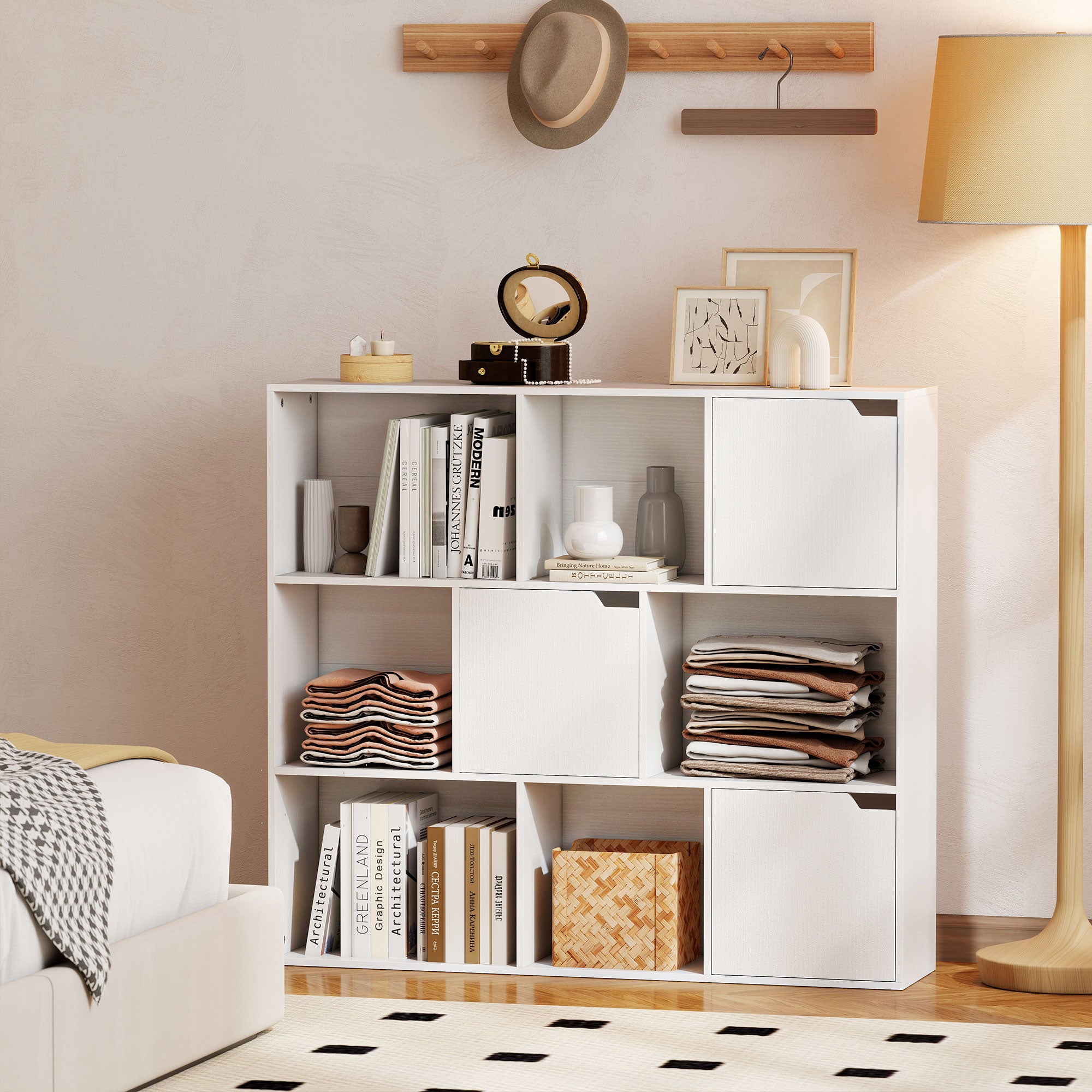 Libreria a Cubi con 6 Sezioni Aperte e 3 Chiuse 106x24x95 cm in Legno Bianco
