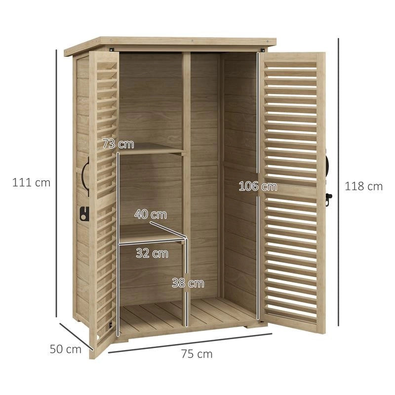 ARMADIO DA ESTERNO PORTAOGGETTI A 2 RIPIANI CON PICCHETTI, IN LEGNO DI ABETE, 75X50X111/118 CM
