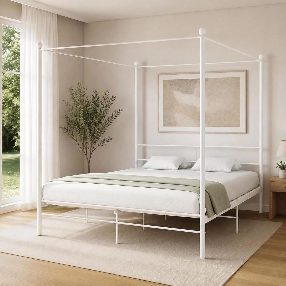 Canopy Bed White Metal 180x200 Cm
