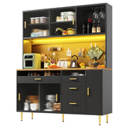 Credenza Alta da Cucina con 2 Ante Scorrevoli in Vetro; Ripiani Regolabili e LED; in MDF; 145×39×171 cm; Nero