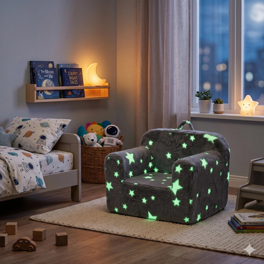 Poltroncina per bambini in tessuto grigio stelle con braccioli, sfoderabile e leggera 41 × 32 × 17 cm